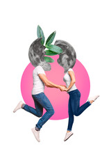 Vertical photo collage of young girl guy couple instead head moon planet family look relationships...