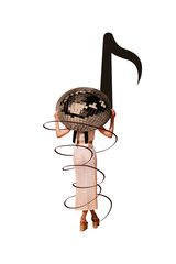 Vertical sketch 3d artwork collage poster of anonym girl instead head note disco ball celebration...