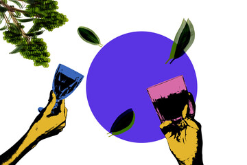 Composite photo collage of two hands hold cognac wine beverage celebration friday event relax...