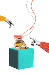 Vertical photo collage of human hands point book stack education reader bookshop choice library...