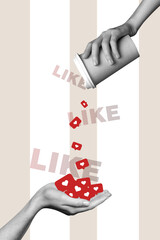 Trend artwork sketch image collage of monochrome hand hold drink coffee cup throw arm catch online...