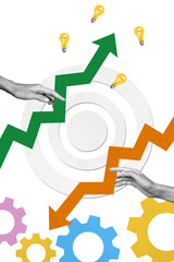 Vertical photo collage of hands show arrow up down development gearwheel optimization target light...