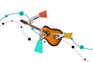 Composite photo collage of human hands play classic music guitar instrument performance melody...