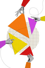 Vertical photo collage of hands chart half segment diagram deal agreement partnership pieces...