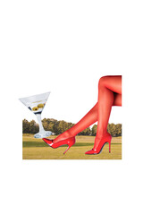 Vertical photo collage of female sexy leg hold martini cocktail glass balance park relax spring...