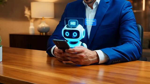 Man in suit with robot and phone