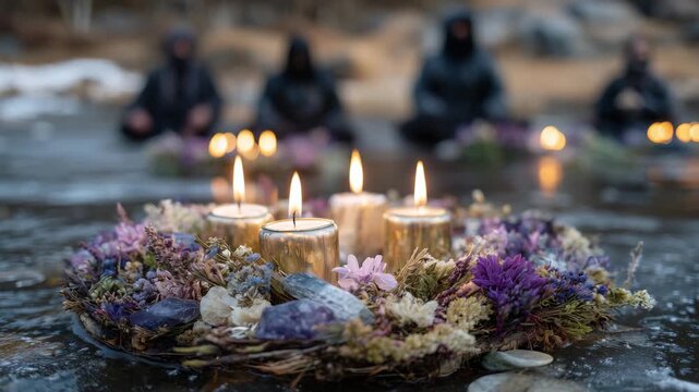 Close-up of ritual setup on icy lake, mystical winter energy, solstice renewal ceremony, faceless participants in background, tranquil spiritual reflection, serene cold season land