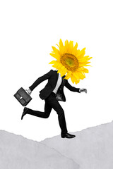 Plakat Vertical photo collage of anonym guy run instead head sunflower late meeting wear formal suit carry briefcase isolated on painted background