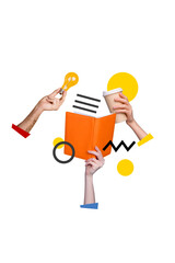 Fototapeta na wymiar Vertical photo collage of hands hold book light bulb take away coffee cup leisure hobby bookworm idea drink isolated on painted background