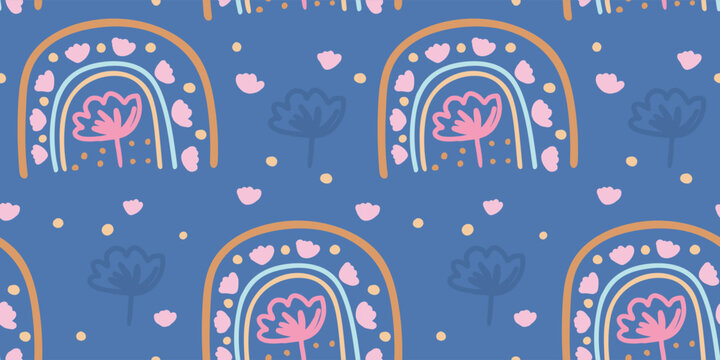 Seamless pattern with decorative rainbows and blooming folk flowers on navy blue background