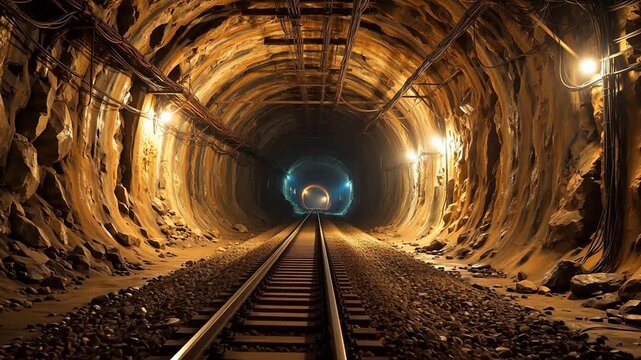 Railway tunnel with rocky walls