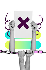 Composite trend artwork sketch image photo collage of&nbsp;huge hand sleeve wrist gesture hold metal chain control job sheet cross rejected