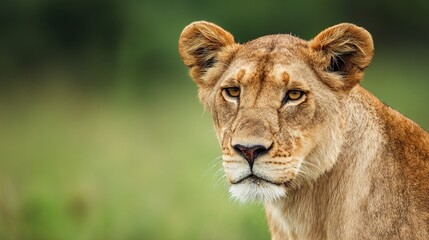 Obraz premium lioness. Lioness portrait with a powerful expression against a golden savanna backdrop. wildlife magazines, conservation campaigns, designed for nature documentaries and education.