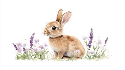 Fototapeta premium watercolor picture of playful Easter bunny hopping across grassy field, surrounded by small flowers in soft pastel colors like lavender, peach, green. 