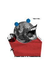 Fototapeta premium Vertical photo collage of moon planet ball human mouth scream teeth lips tongue body parts space surreal image isolated on painted background