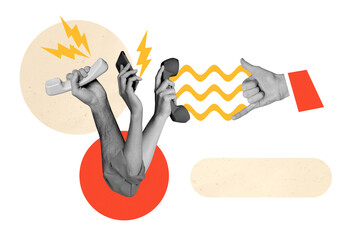 Fototapeta premium Creative picture collage hands body fragments telephone call customer support center helpline landline drawing background