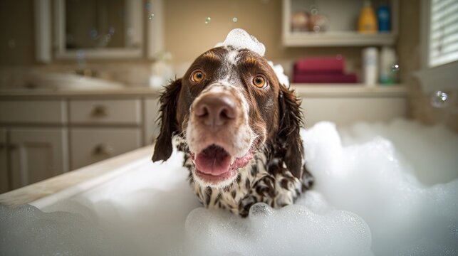 suds. Playful dog enjoying bath time surrounded by bubble foam in a cheerful bathroom scene. wildlife magazines, conservation campaigns, designed for wildlife conservation campaigns.