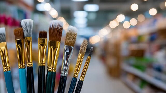 Defocused background of school stationery aisle with a row of paintbrushes in foreground, varying bristle types and softness, creative tools for painting and crafting, warm lightin
