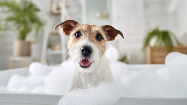 comical. A playful dog in a bubble bath with a comical expression and soap bubbles. wildlife magazines, conservation campaigns, designed for nature documentaries and education.