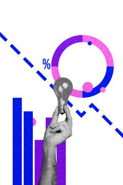 Vertical photo collage of hand hold light bulb plan development chart statistics idea finding progress percentage symbol