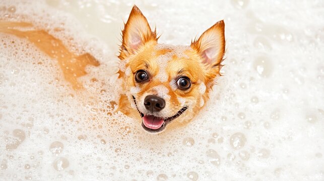 comical. A playful dog in a bubble bath with a comical expression and soap bubbles. wildlife magazines, conservation campaigns, designed for nature documentaries and education.