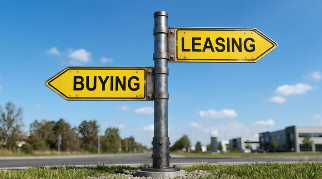 Buying or Leasing Crossroads Sign Against Sunny Sky  Blur Background.
