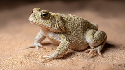 Fototapeta premium herpetology. Macro view of a Sonoran Desert Toad resting on sandy terrain in natural sunlight. wildlife magazines, conservation campaigns, designed for wildlife conservation campaigns.