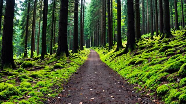 Forest path with mossy trees