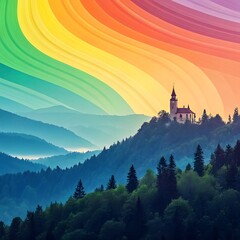 Sunset over misty mountains with a castle on a forested hill under colorful clouds in the evening sky