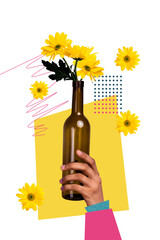Naklejka premium Composite trend artwork sketch collage of arm wrist hand raise up gesture hold glass bottle wine drink flower daisy spring summer season