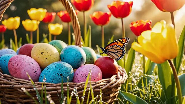Colorful Easter eggs in a wicker basket surrounded by vibrant tulips and a butterfly in a sunny garden scene from a low viewpoint