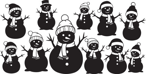 Black and white snowmen in various winter hats and scarves