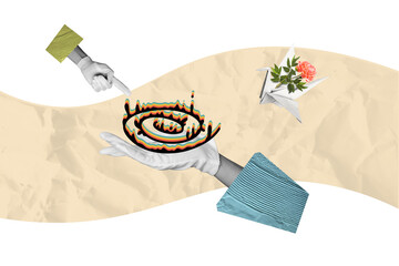 Fototapeta premium Composite photo collage of human hands wear glove point spiral fly origami swan deliver peony flower bloom isolated on painted background