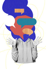 Fototapeta premium Sketch image horizontal panorama of collage of&nbsp;headless caricature lady gesture hand headless speech cloud message chatting conversation