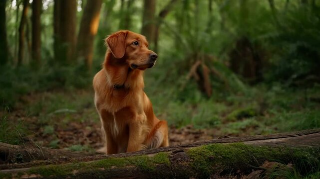 Serene Scene Of Retriever Relaxing Amidst Vibrant Greenery And Dappled Sunlight In Woodland