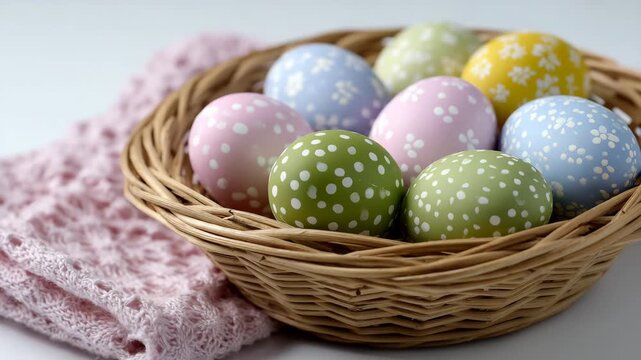 Easter basket filled with hand-painted pastel eggs, delicate patterns and soft colors, clean white background, festive spring holiday decoration with copy space