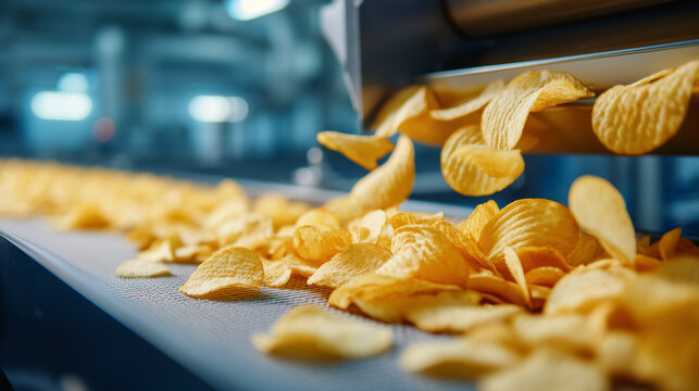 Potato chips falling onto conveyor belt in snack factory. Industrial food manufacturing and automated potato snack production process.