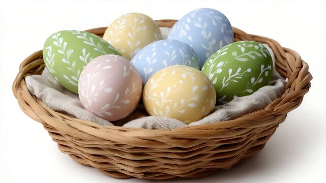 Easter basket with artistic pastel eggs, soft spring tones and gentle brush patterns, isolated on white background, seasonal decoration with copy space