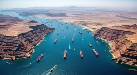 Naklejka na ściany i meble Aerial View of Several Cargo Ships Sailing in the Strait of Hormuz