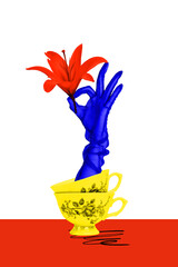 Naklejka premium Composite sketch image design trend artwork collage of anonymous hand wear glove appear cup rest tea enjoy pause coffee finger hold flower