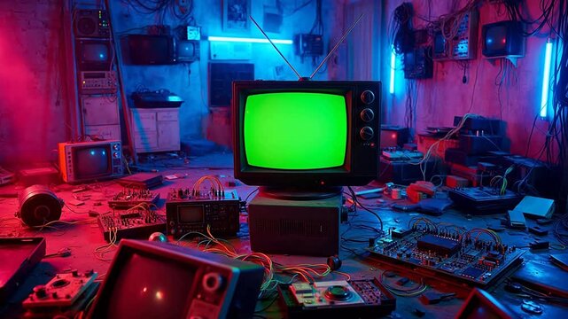 Old TVs and Electronics in Colorful Room