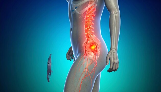 "Human figure showing sciatic nerve pain from lower back to leg."