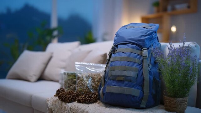 Emergency backpack with survival equipment laid out, living room background softly lit, disaster readiness and home protection visual