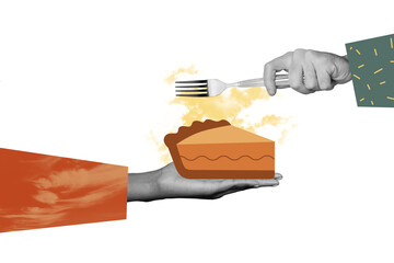 Fototapeta premium Sketch composite 3D collage of autumn thanksgiving day tradition feast greeting card hand hold fork eat food cook cupcake pumpkin bakery