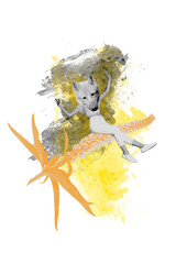 Fototapeta premium Trend composite sketch template 3D photo collage of nature season springtime plant young lady body wild animal wolf head sit flower