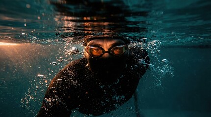 Underwater swimmer with goggles in dark pool creating bubbles