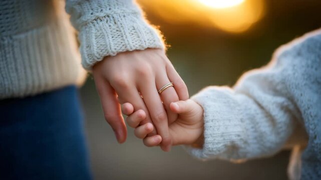 Faceless baby holding hand of parent, close-up focus on interlocked fingers, warm soft light, blurred comforting background, tenderness, trust, protection, and parental love