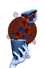 Naklejka premium Contemporary vertical photo collage of hand hold coffee cup herbal extract beverage chamomile gerbera flowers mouth drink