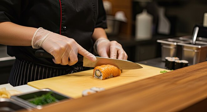 Chef preparing sushi roll with knife on cutting board in restaurant