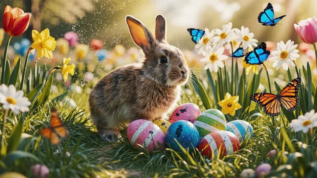 A small rabbit sits amidst colorful Easter eggs and flowers surrounded by butterflies in a vibrant garden scene viewed from the side.